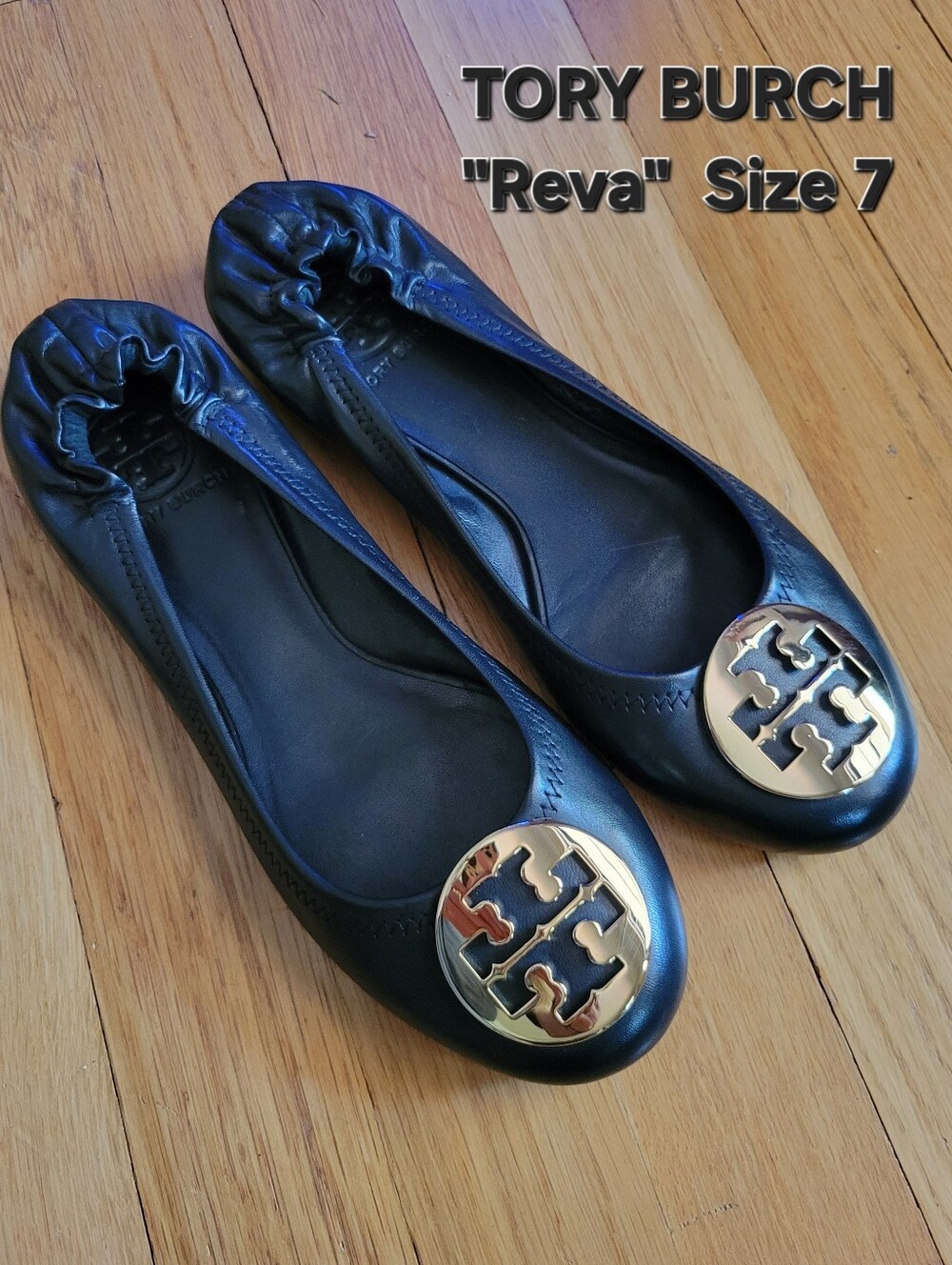 Tory Burch Classic Reva Ballet Flats  Size 7 Black Leather & Gold Metal EUC